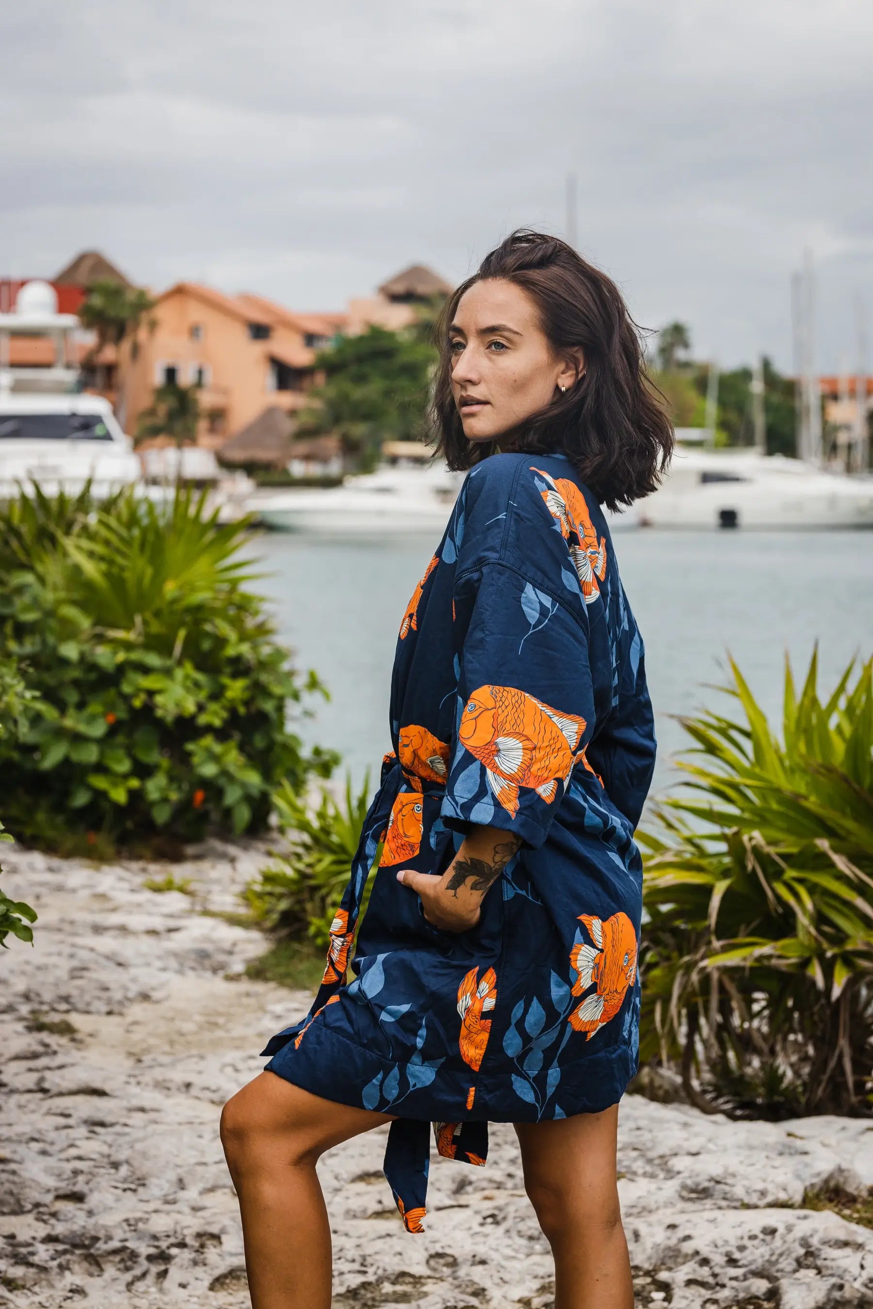 Women’s La Sirena Robe - Garibaldi Fish, Farallon Navy