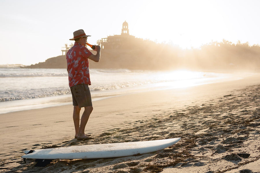 Men's High Water Hawaiian Shirt for Après Surf - Bird of Paradise Sunset Red - California Cowboy