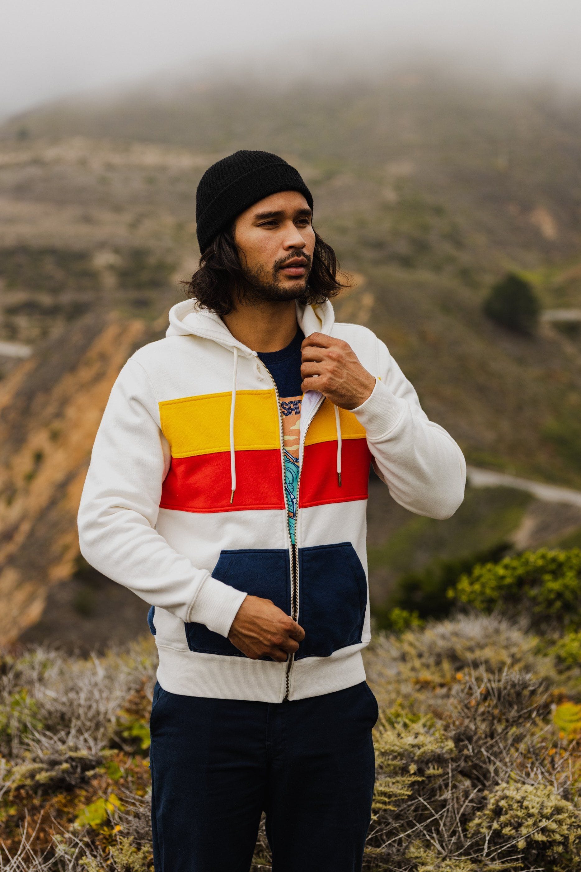 Men’s PCH Full Zip Hoodie - Stripe, White Sand - Model - California Cowboy