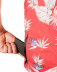 Men’s High Water Hawaiian Shirt With A Hidden Phone Pocket - Model - Bird of Paradise Sunset Red - California Cowboy