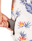 High Water Hawaiian Shirt For Men With Hidden Phone Pocket - Model - Bird of Paradise White Sand - California Cowboy
