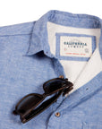 Men’s High Water Hawaiian Shirt With a Sunglass Loop - Chambray Neptune Blue - California Cowboy