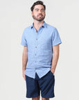 Men’s High Water Hawaiian Shirt - Chambray Neptune Blue - Front View - Model - California Cowboy