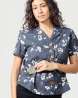 High Water Hawaiian Shirt For Women With Hidden Phone Pocket - Bottle Opener Pocket - Model - California Poppy Washed Navy - California Cowboy