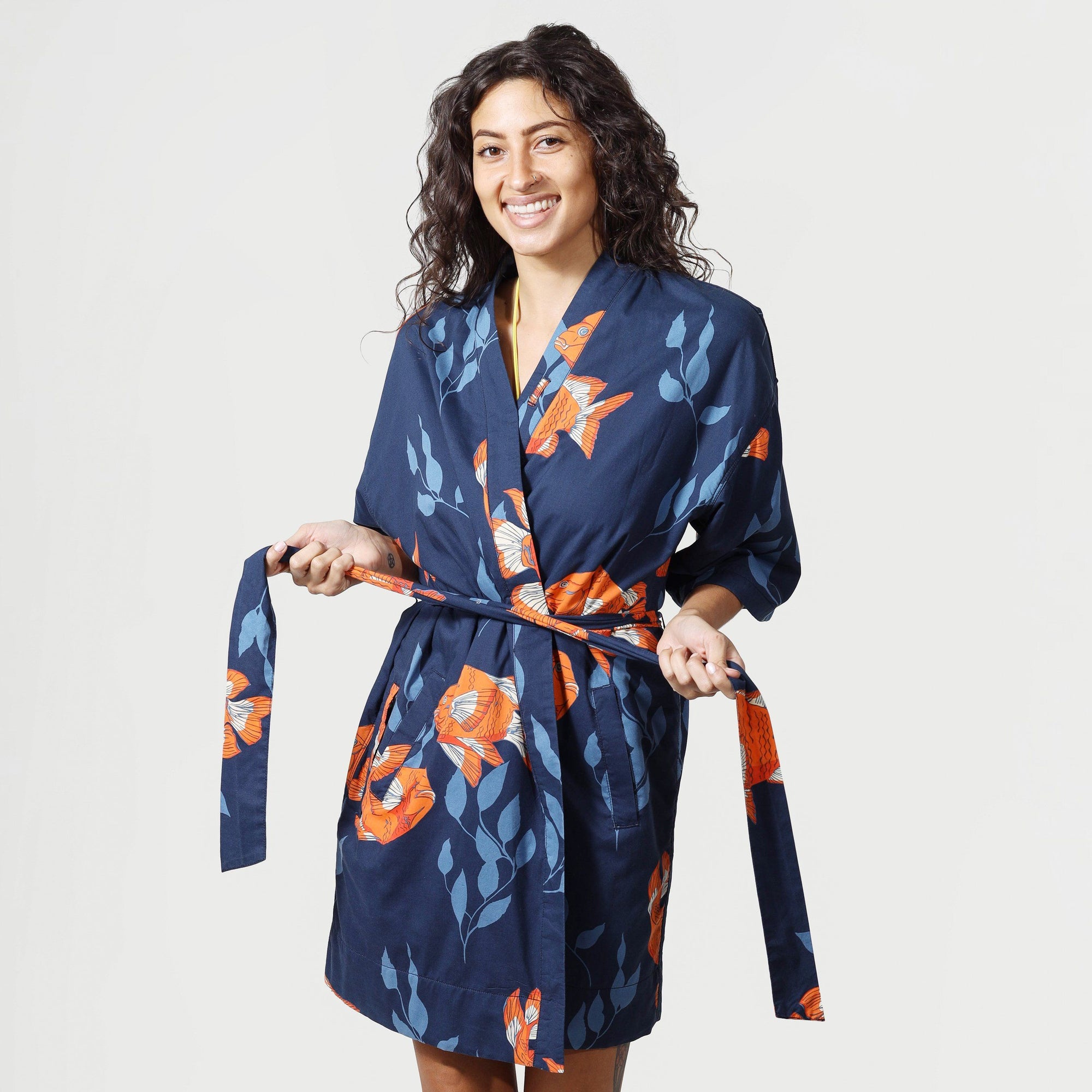Women’s La Sirena Kimono - Garibaldi Farallon Navy - Front Ties - Model - California Cowboy