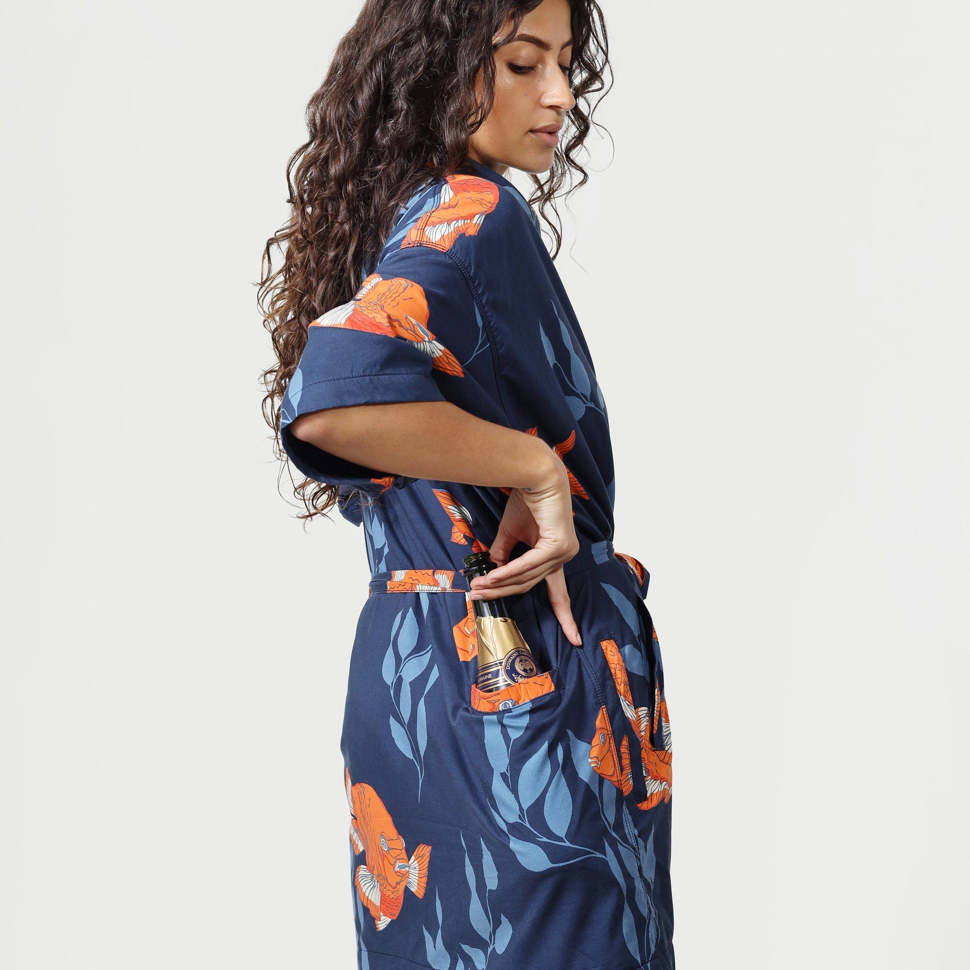 Women’s La Sirena Kimono - Garibaldi Farallon Navy - Champagne Bottle Pocket - Model - California Cowboy