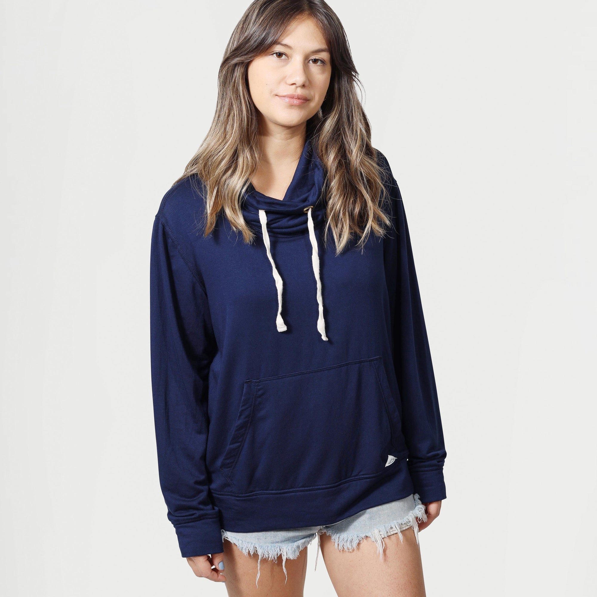 Women’s Wagyu Fleece Cowl Neck Sweatshirt in Navy - Model -  California Cowboy