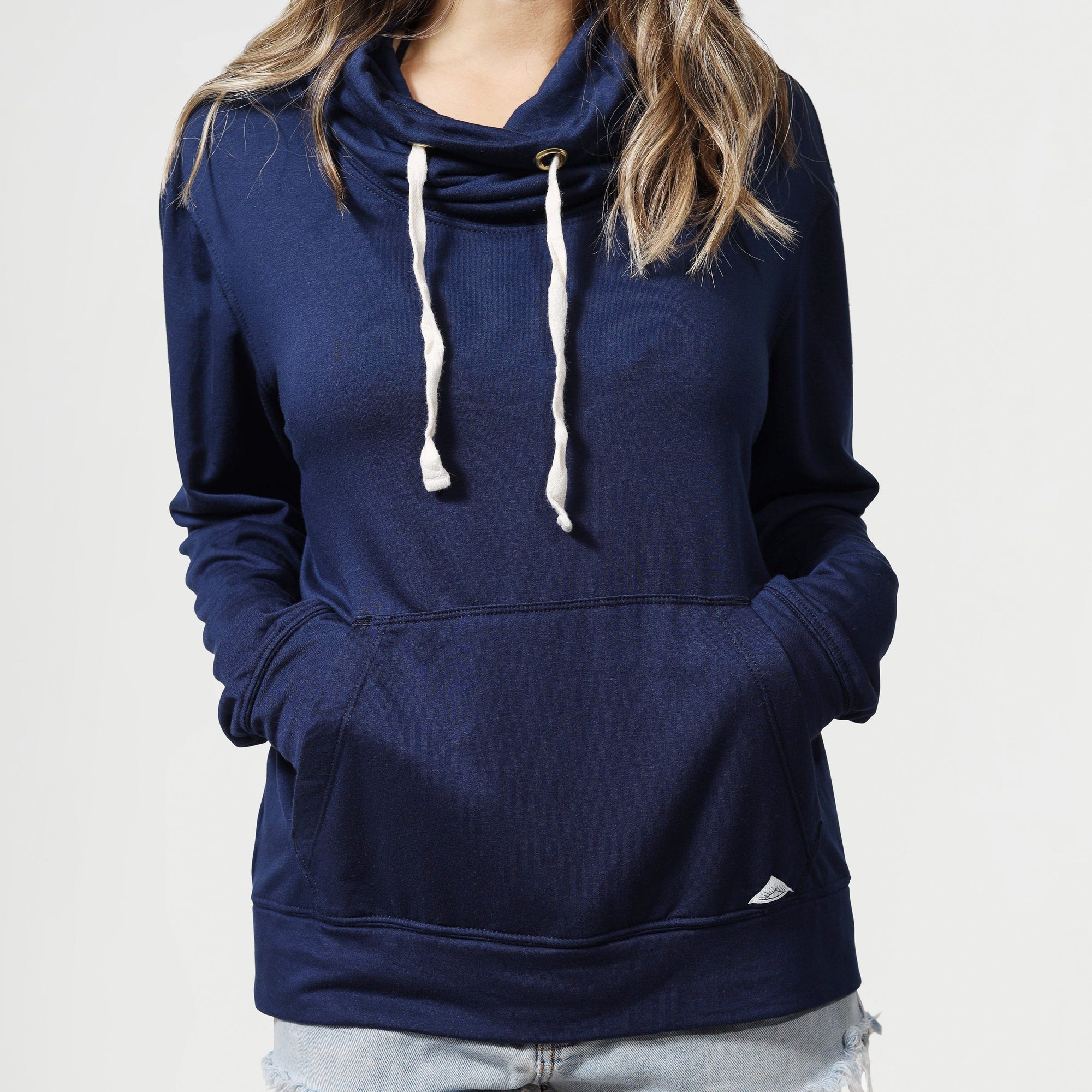 Women’s Wagyu Fleece Cowl Neck Sweatshirt in Navy - Classic Kangaroo Pocket - Model -  California Cowboy