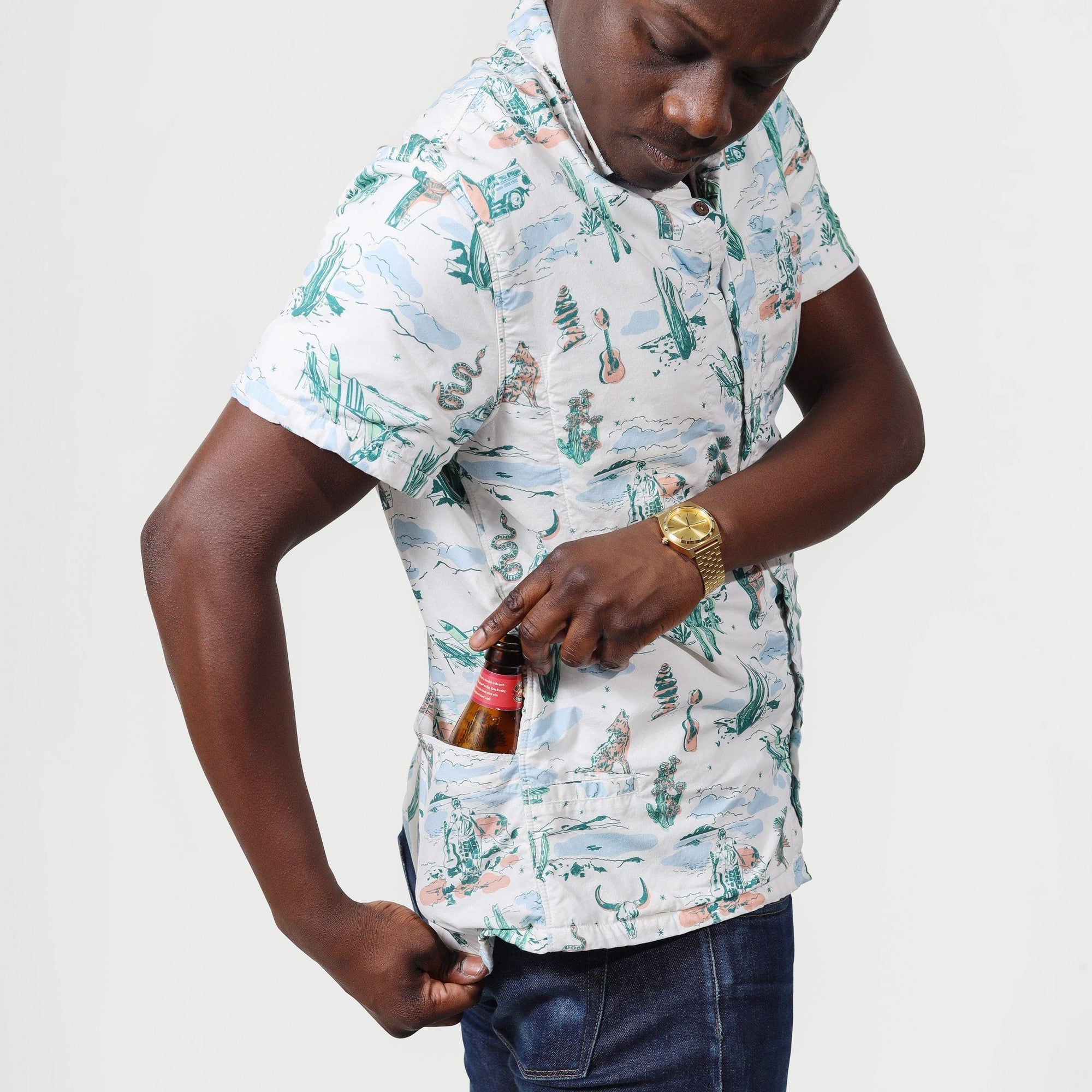 Men’s High Water Shirt - Motel Surf, White Sand - Model - California Cowboy