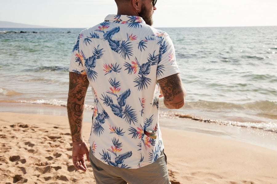 Men's High Water Hawaiian Shirt With Beer Pocket - Bird of Paradise white sand - California Cowboy