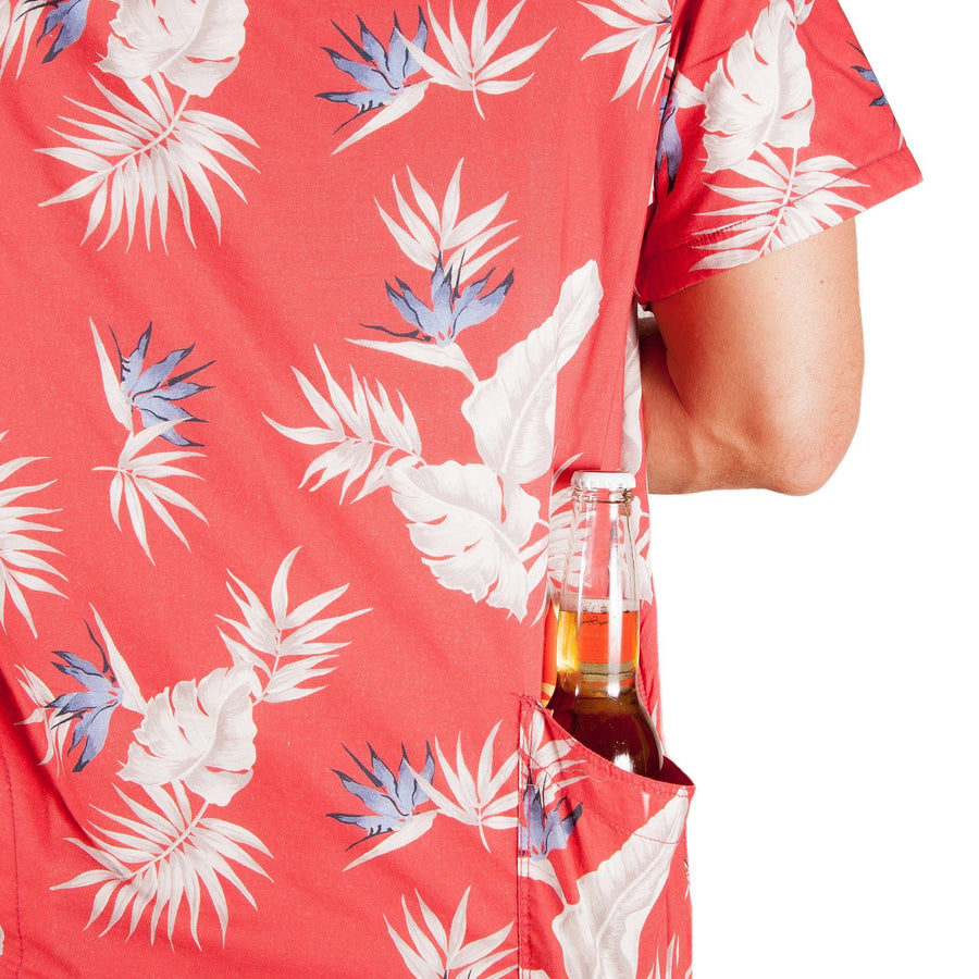 Men’s High Water Hawaiian Shirt With Beer Pocket & Beer Koozie - Model - Bird of Paradise Sunset Red - California Cowboy
