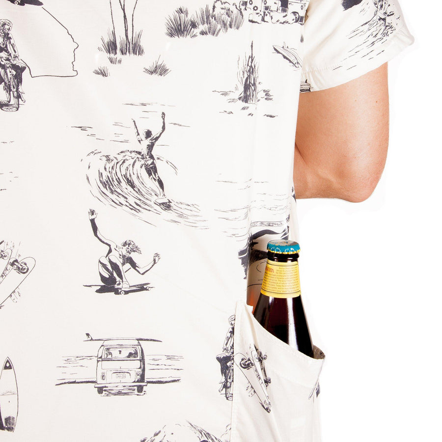 Men’s High Water Shirt With Beer Pocket & Beer Koozie - Model - California Dreamin' White Sand - California Cowboy