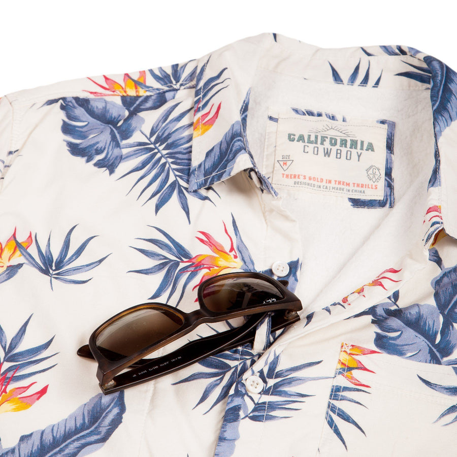 Men’s High Water Hawaiian Shirt With a Sunglass Loop - Bird of Paradise White Sand - California Cowboy