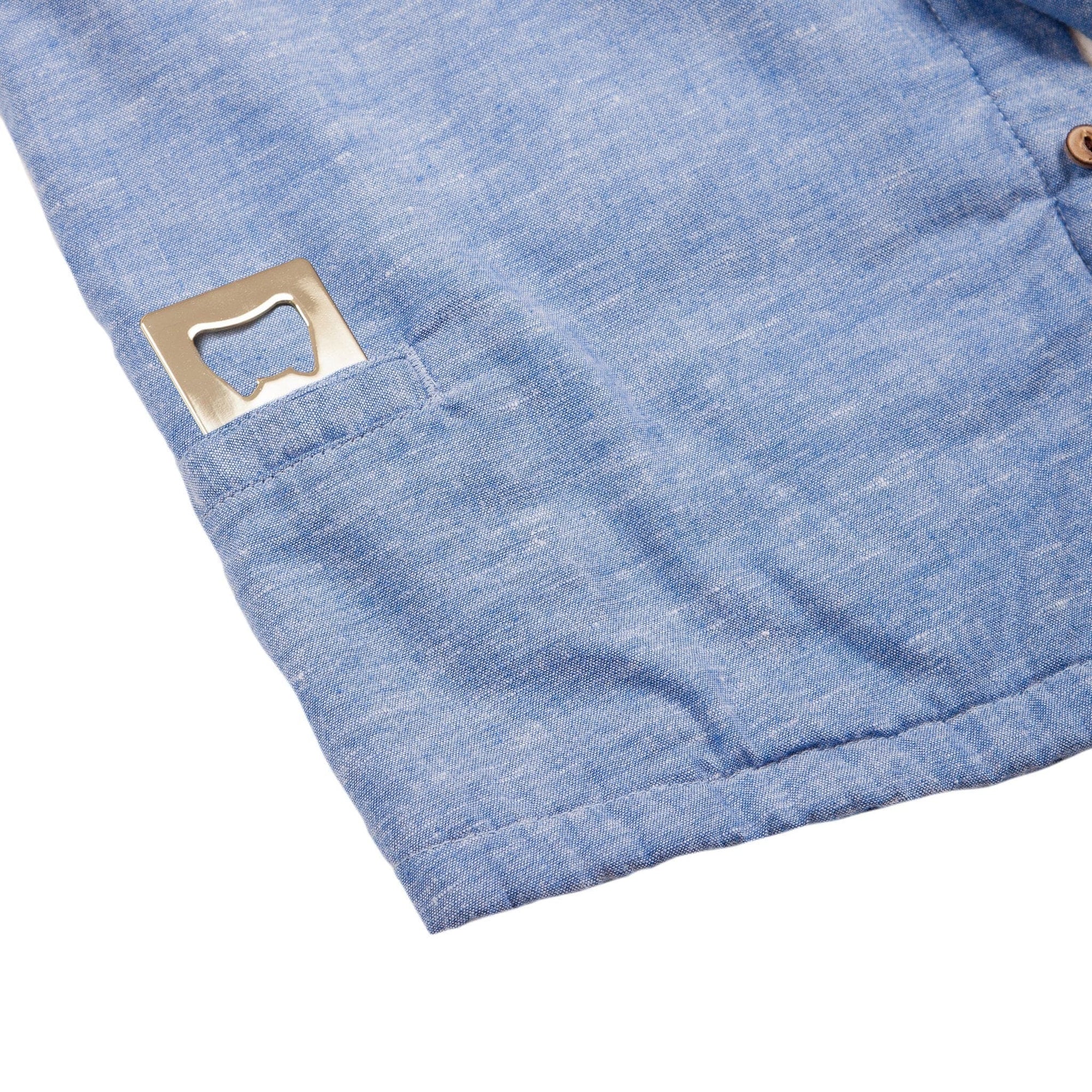 Men’s High Water Hawaiian Shirt With a Bottle Opener - Chambray Neptune Blue - California Cowboy