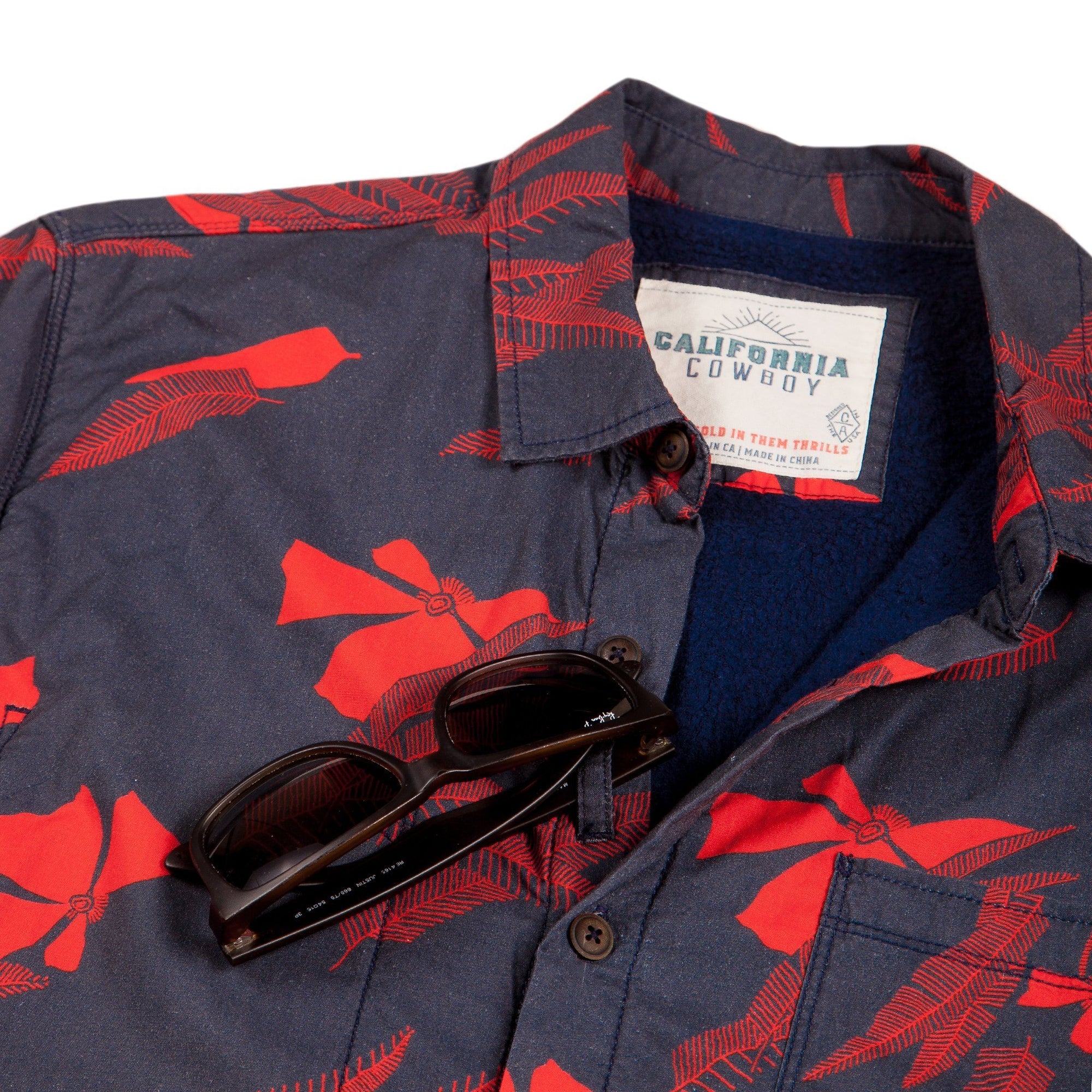 Men’s High Water Hawaiian Shirt With a Sunglass Loop - Vintage Floral Washed Navy - California Cowboy