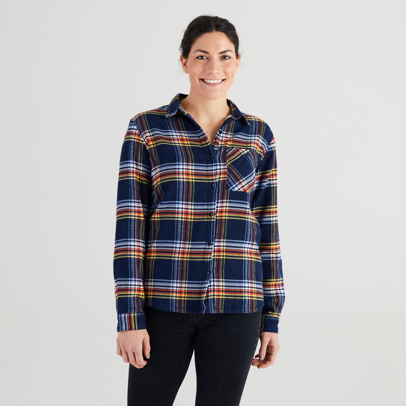 Women’s High Sierra Flannel Shirt - Model - Daffy Plaid - California Cowboy