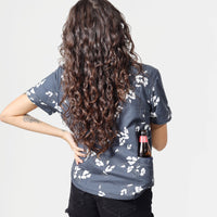 High Water Hawaiian Shirt For Women With Hidden Phone Pocket - 70's Inspired - Bottle Pocket - Model - California Poppy Washed Navy - California Cowboy