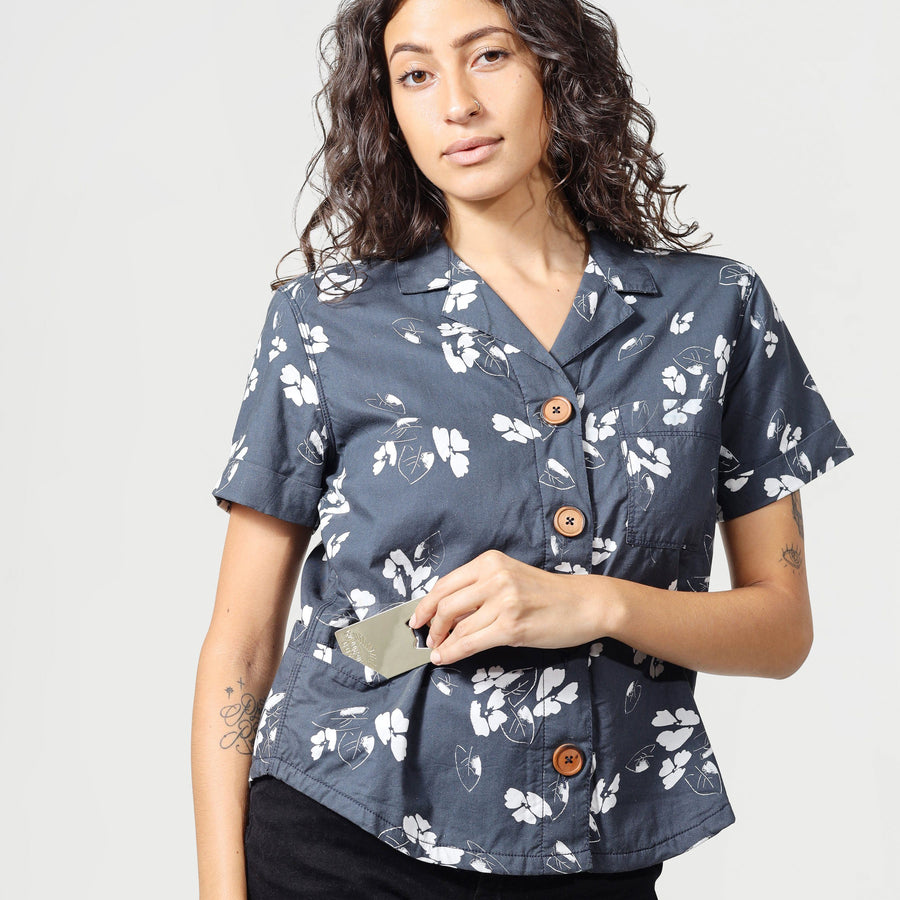 High Water Hawaiian Shirt For Women With Hidden Phone Pocket - Bottle Opener Pocket - Model - California Poppy Washed Navy - California Cowboy