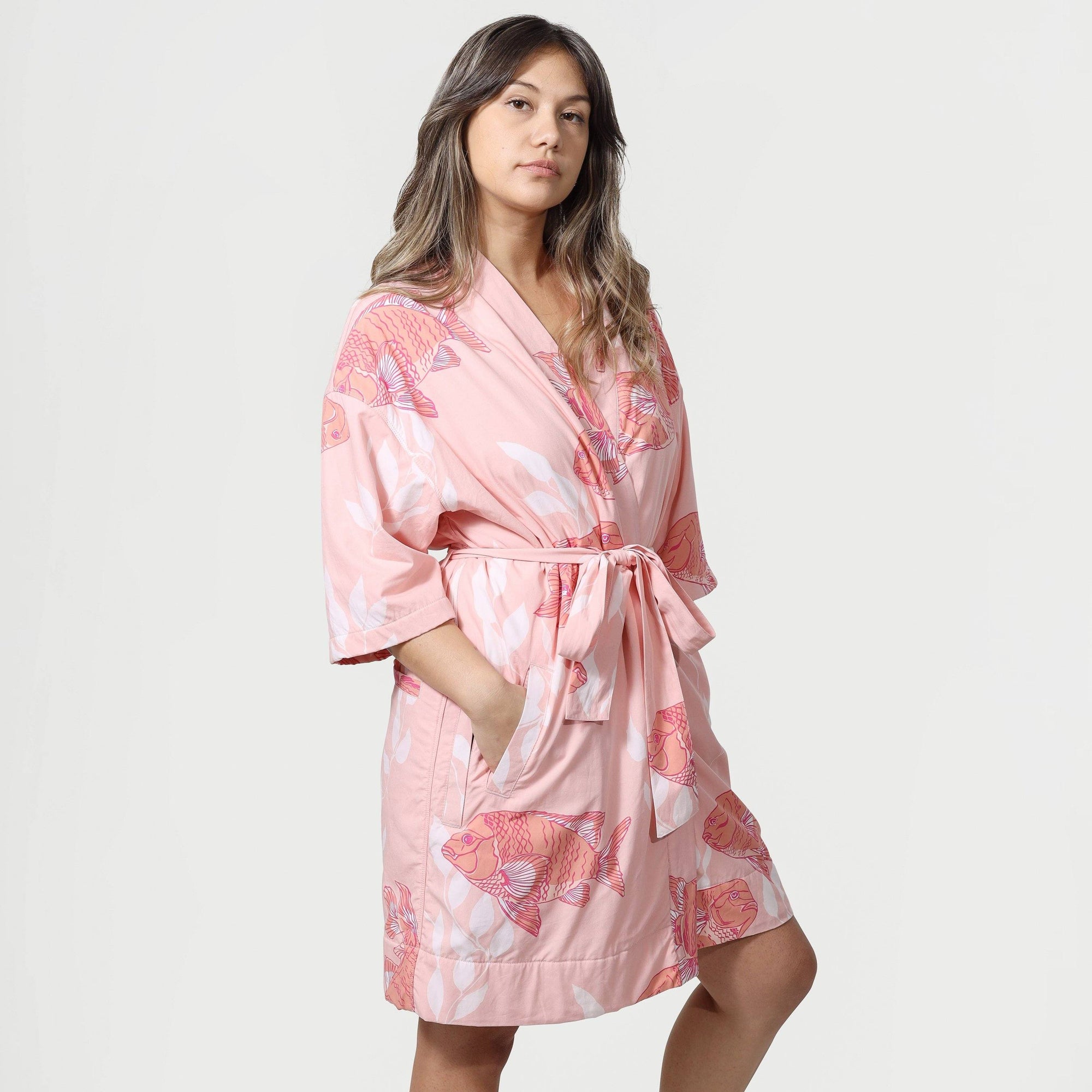 Women’s La Sirena Kimono - Garibaldi Fish, Dusty Rose - Dry Pocket - Model - California Cowboy