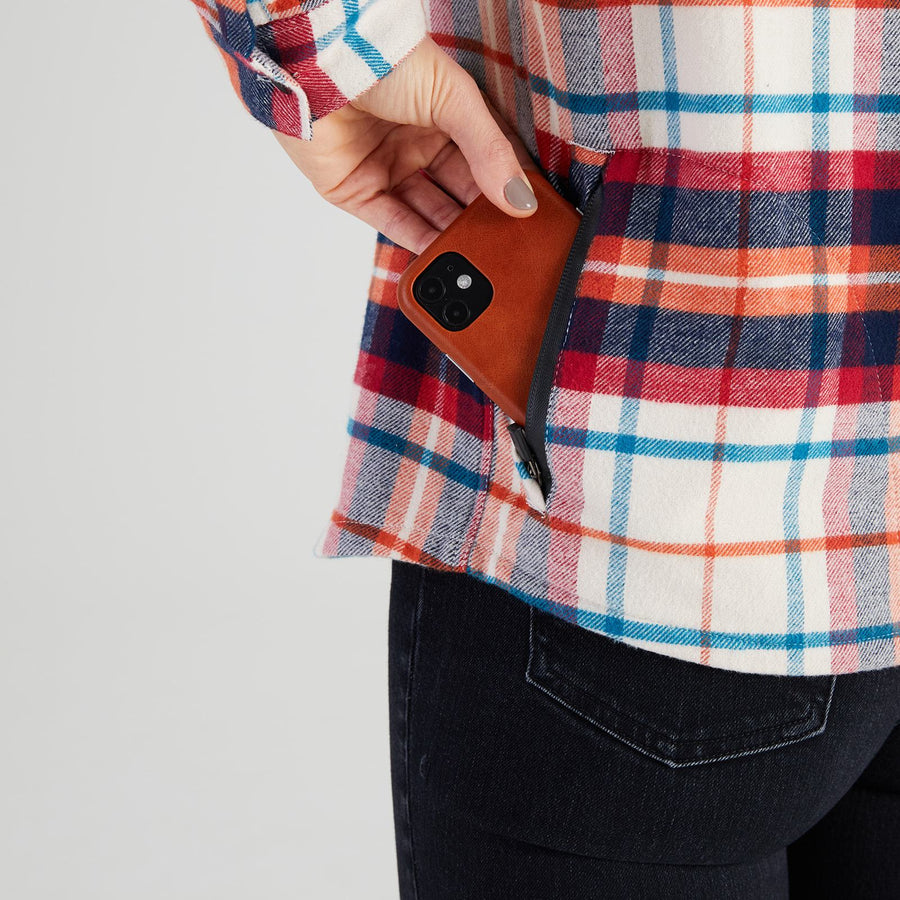 Women’s High Sierra Shirt With Hidden Phone Pocket - Model - Sonoma Plaid - California Cowboy